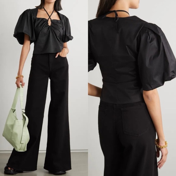 NWT FRAME Cutout Gathered Stretch-Cotton Sateen Blouse M - Picture 3 of 7